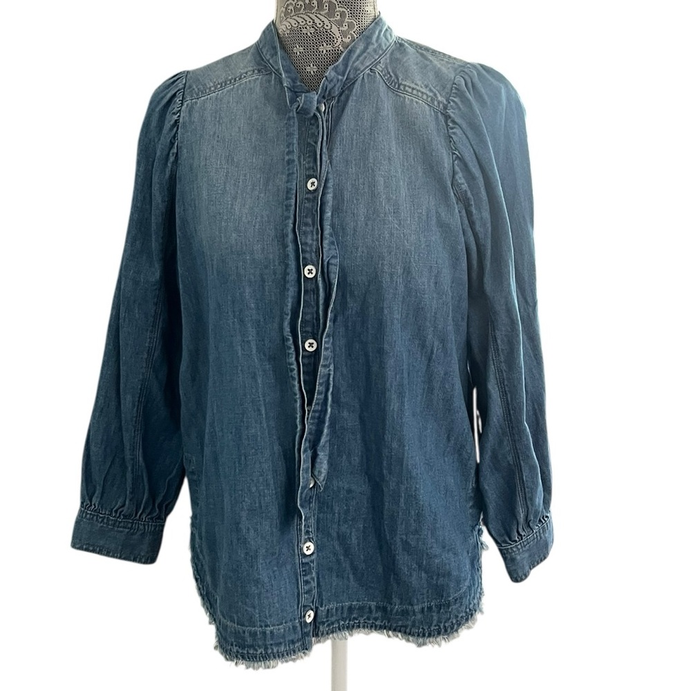 Anthropologie Pilcro Tie-Neck Long Sleeve Frayed Hem Denim Shirt Small